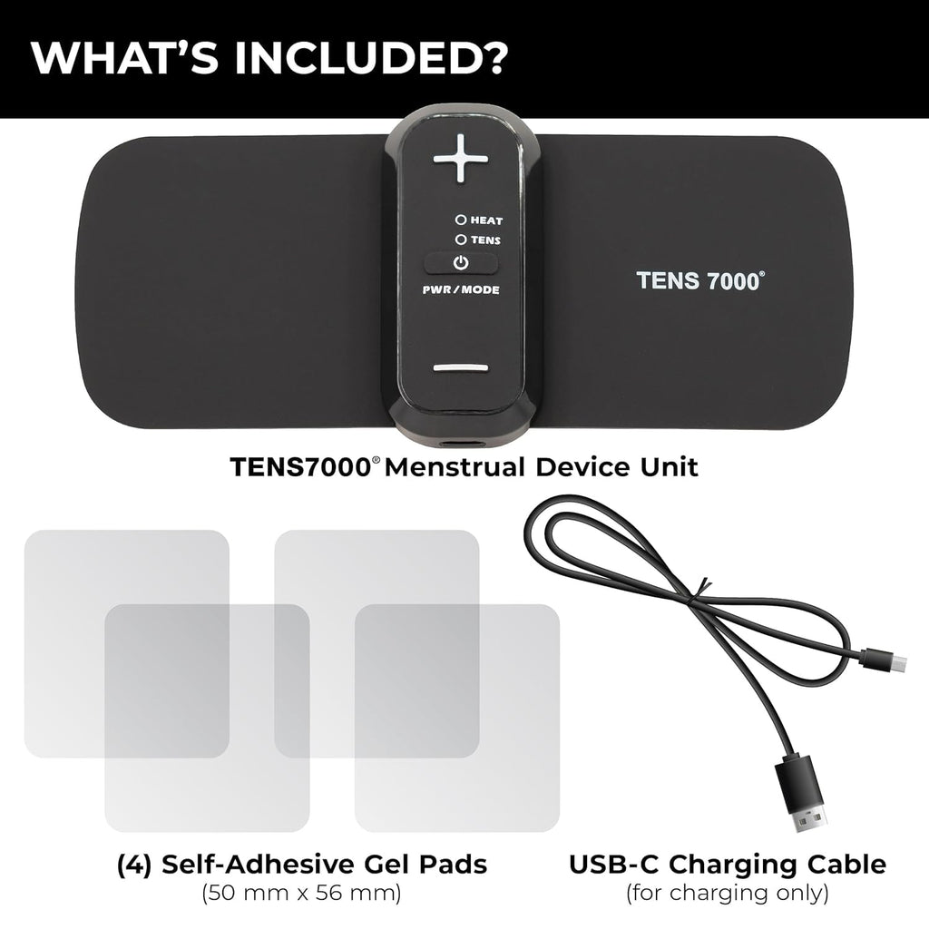 An image of what's included with the TENS unit for period cramps. Text, "What' included?"