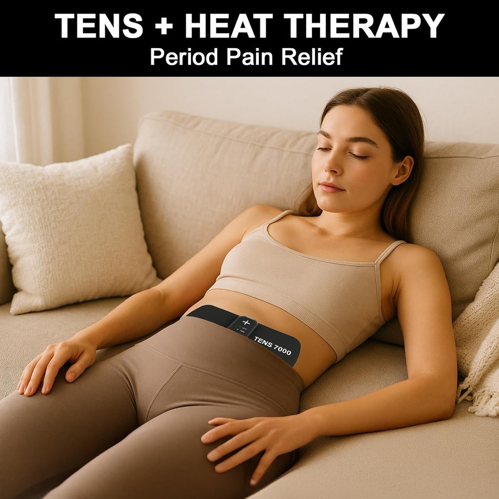 A image of a woman with a TENS unit for period cramps on her stomach. Text, "TENS + Heat Therapy Period Pain Relief"