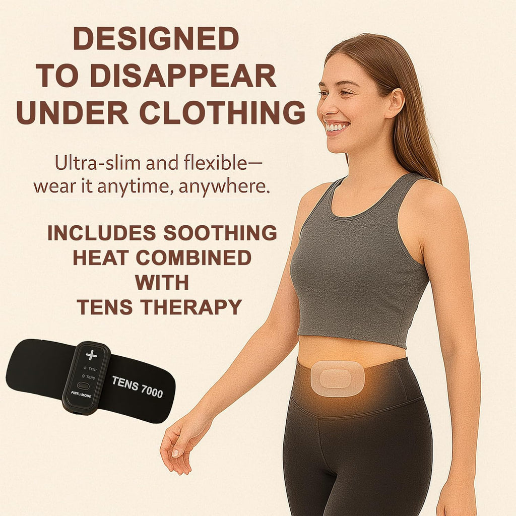 An image of a woman with a TENS unit on her stomach. Text, "designed to disappear under clothing"