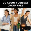 A collage of a woman in pain and then not in pain. Text, "Get cramps relief fast. Heats in under 3 minutes"