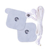 Two square adhesive TENS muscle stimulator electrode pads with silver metal snap connectors, connected to a white coiled cable with two bare lead wires, shown on a plain white background.