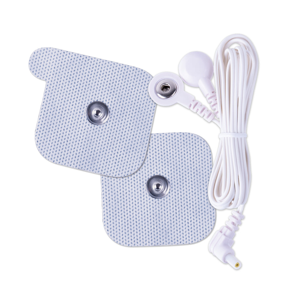 Two square adhesive TENS muscle stimulator electrode pads with silver metal snap connectors, connected to a white coiled cable with two bare lead wires, shown on a plain white background.