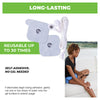 Reusable adhesive TENS unit electrode pads with a white connecting cord, shown on a white background with promotional text. A woman is pictured sitting on a white couch applying or adjusting the adhesive pads.