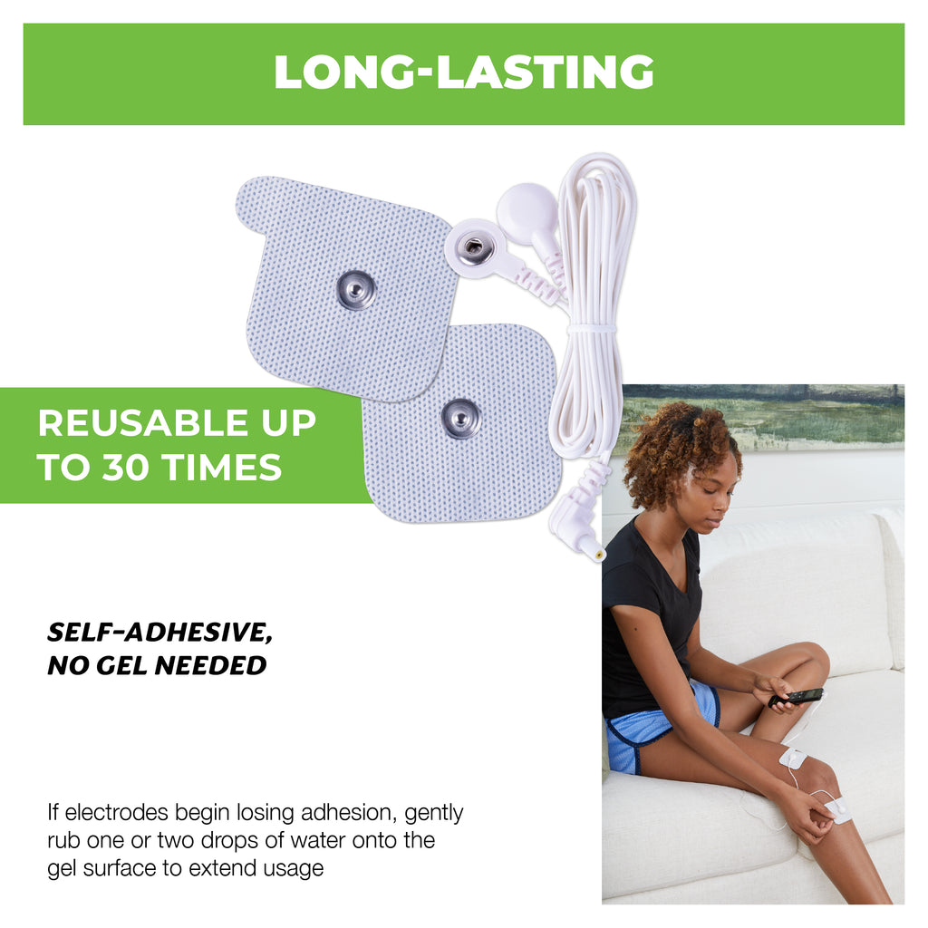 Reusable adhesive TENS unit electrode pads with a white connecting cord, shown on a white background with promotional text. A woman is pictured sitting on a white couch applying or adjusting the adhesive pads.