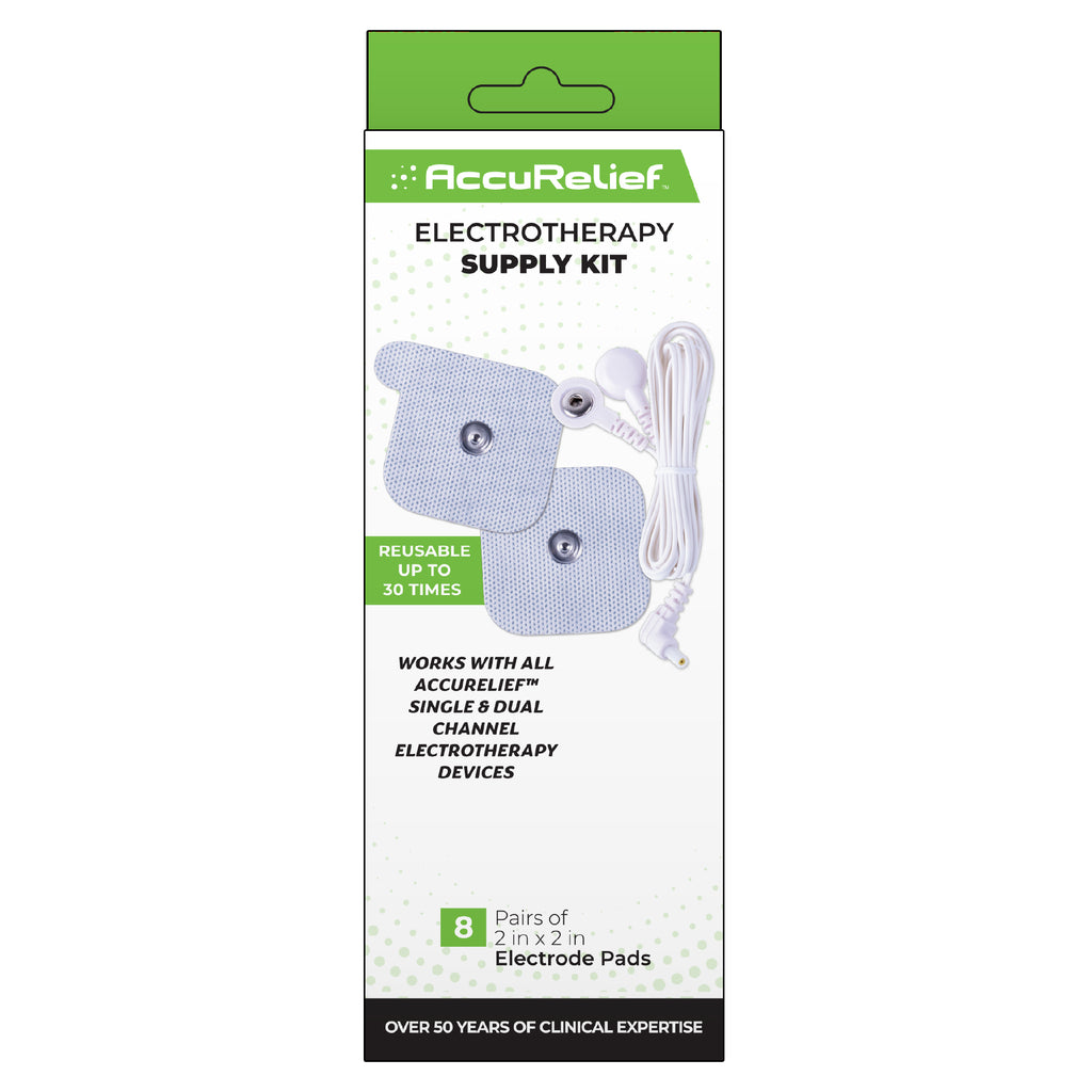 AccuRelief Electrotherapy Supply Kit in retail packaging, containing 6 pairs of 2 x 2 inch electrode pads and white wired electrodes, shown on a white background.