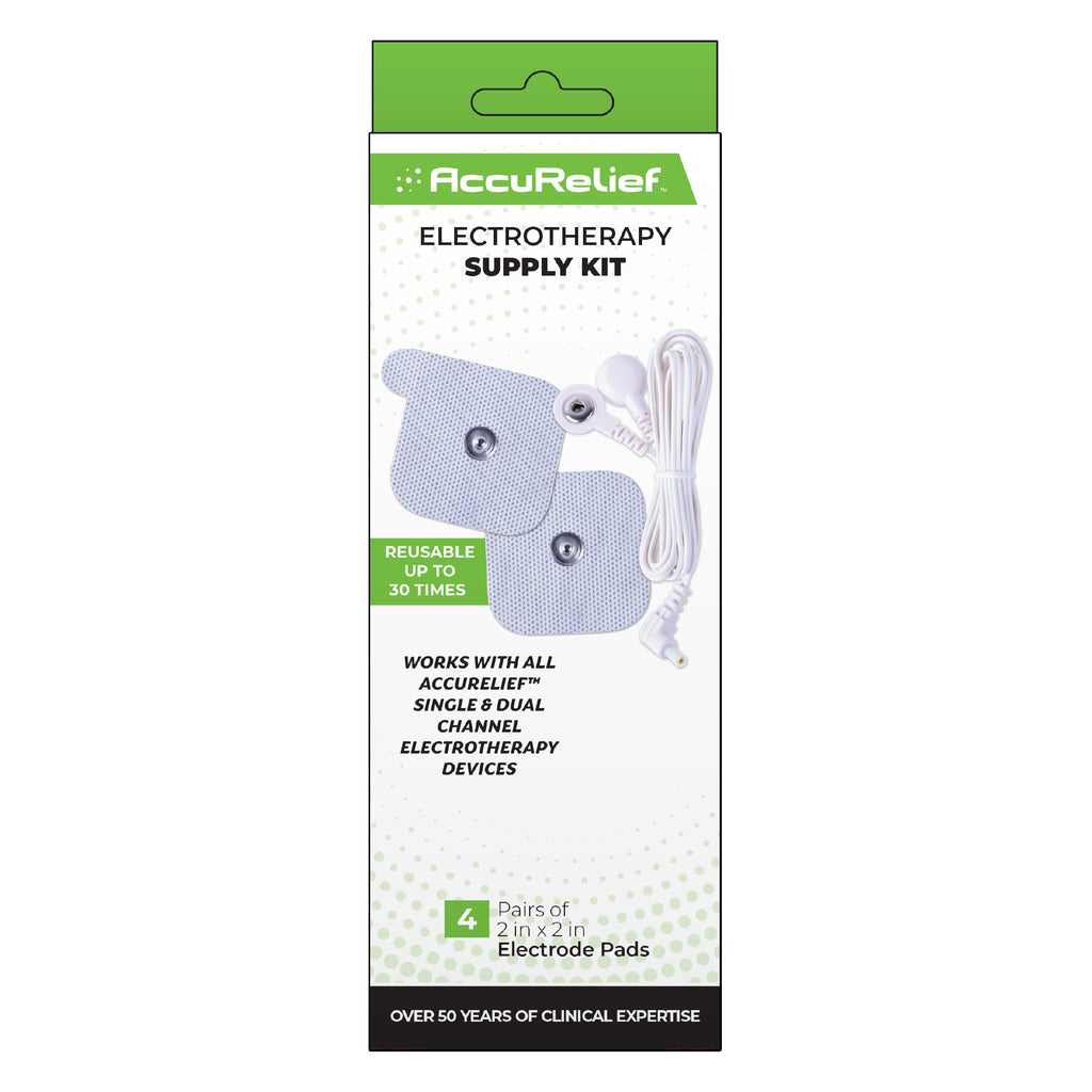 AccuRelief Electrotherapy Supply Kit in retail packaging, featuring a green and white box with an illustration of two electrode pads and a white cable.