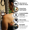 A woman holding a TENS unit with electrodes on her back