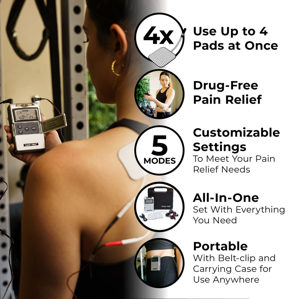 A woman holding a TENS unit with electrodes on her back