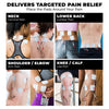 A collage of electrodes on various body parts. Text, "Delivers targeted pain relief. Place the pads around your pain"