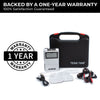 A TENS unit layed out with accessories. Text, "Backed by a one-year warranty. 100% satisfaction guaranteed"