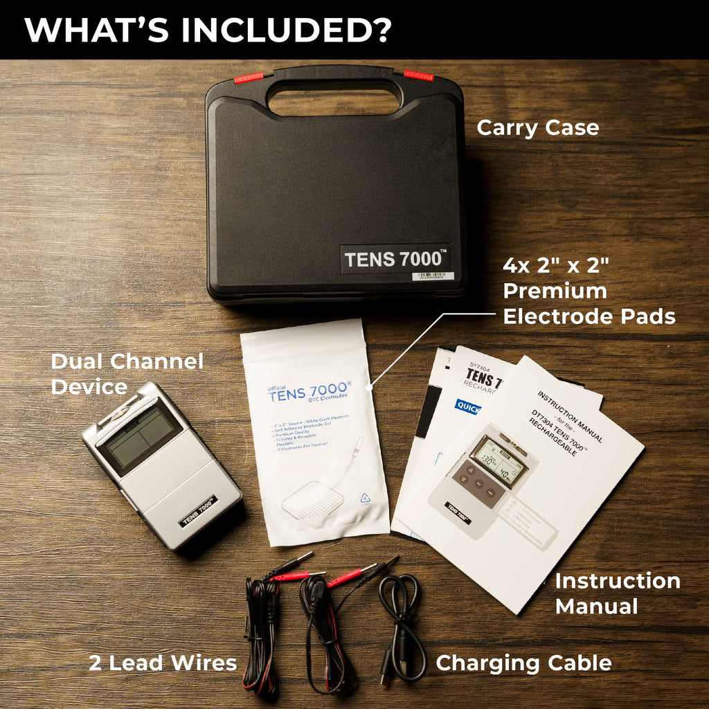 A TENS unit on a wood surface with its accessories labelled. Text, "What's included?"