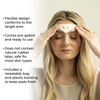 Woman placing a migraine relief electrode on her face with text highlighting features.