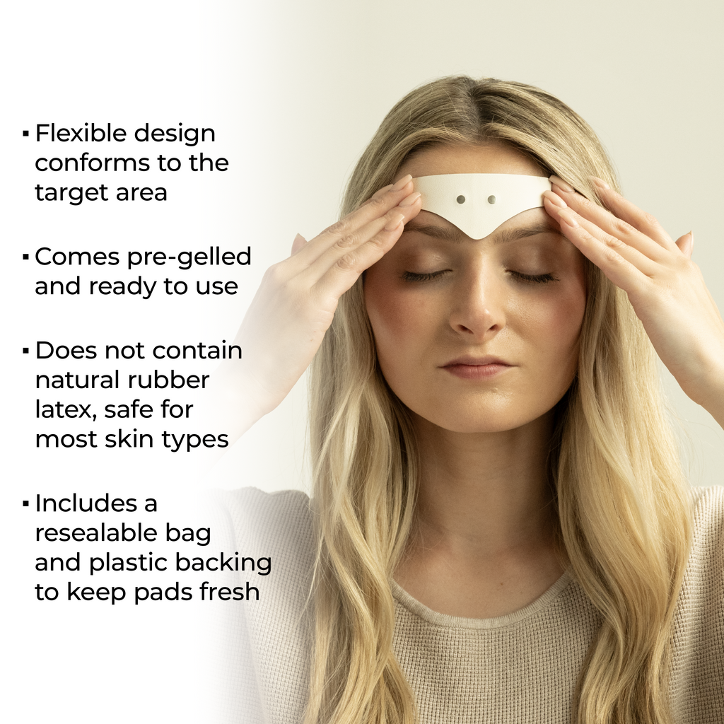 Woman placing a migraine relief electrode on her face with text highlighting features.