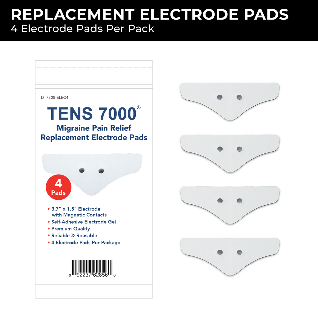 TENS 7000 migraine pain relief replacement electrode pads with packaging on a white background