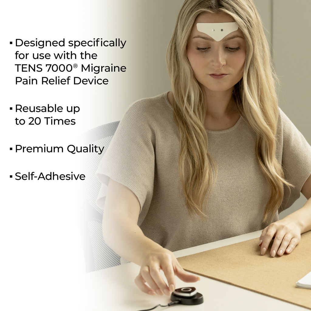Woman using a TENS 7000 Migraine Pain Relief Device with self-adhesive patches.