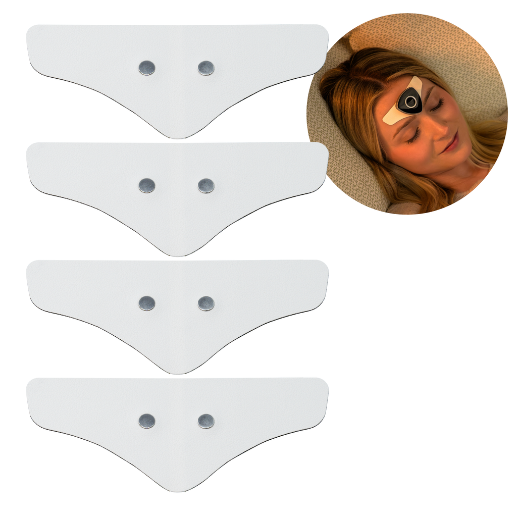 White adhesive migraine relief electrodes on a white background with a close-up of a person wearing one.