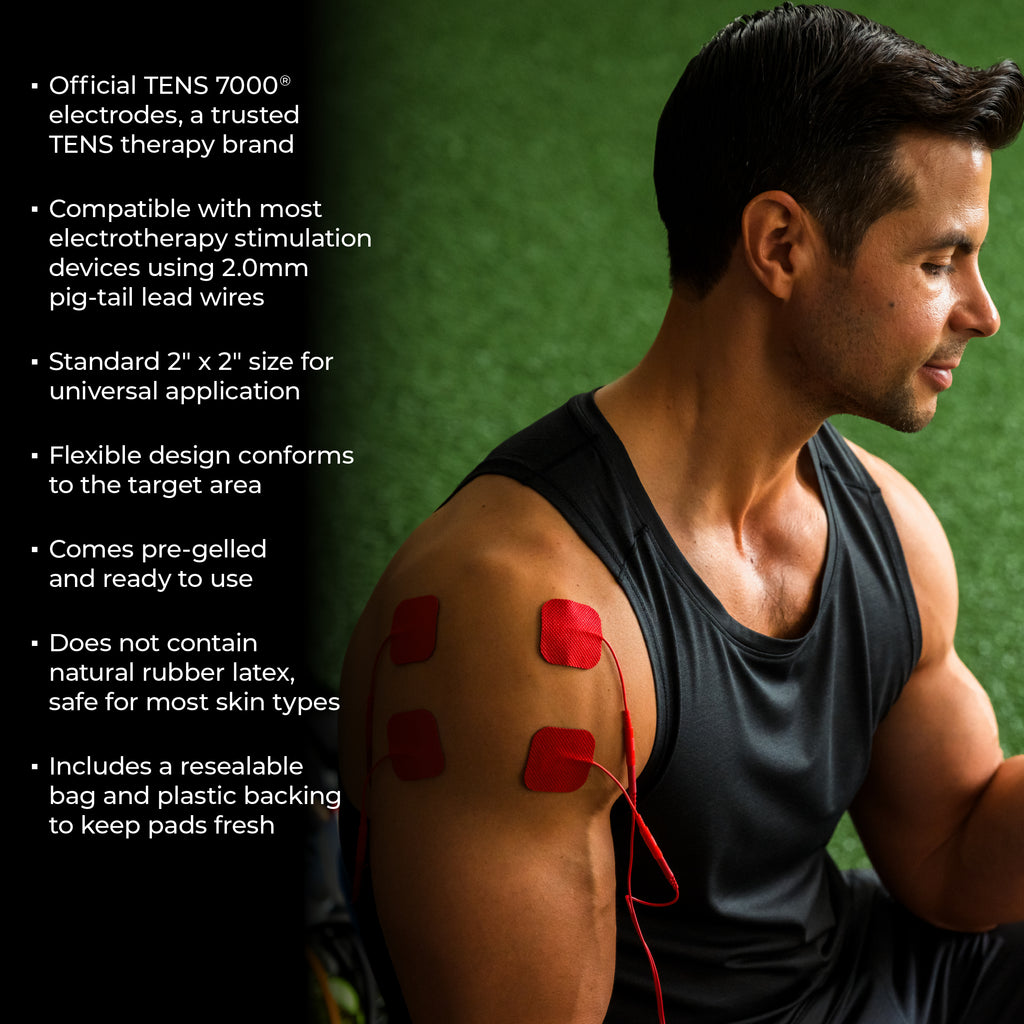 Man with TENS unit electrodes on his shoulder, demonstrating the flexible design and universal application of official TENS 7000® replacement electrodes. Accompanying text lists features like pre-gelled, latex-free, and resealable packaging.