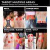 Informational graphic titled 'TARGET MULTIPLE AREAS' showing TENS unit electrode placements on neck, lower back, shoulder/elbow, and knee/calf, emphasizing the flexible design of replacement electrodes to conform to body shape for targeted pain relief.