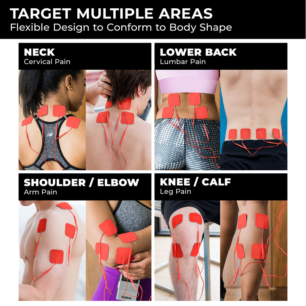 Informational graphic titled 'TARGET MULTIPLE AREAS' showing TENS unit electrode placements on neck, lower back, shoulder/elbow, and knee/calf, emphasizing the flexible design of replacement electrodes to conform to body shape for targeted pain relief.