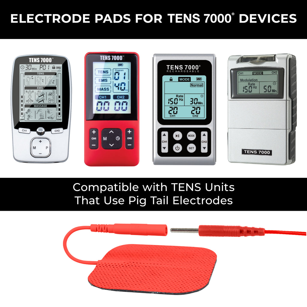 Image displaying various TENS 7000® devices and a TENS unit electrode pad with a pigtail connection, illustrating compatibility of replacement electrodes with TENS units that use pig tail style electrodes.