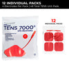 Packaging for 12 individual packs of TENS 7000® OTC electrodes, totaling 48 replacement TENS unit pads. Shows the resealable bag and individual packs for freshness and convenience.