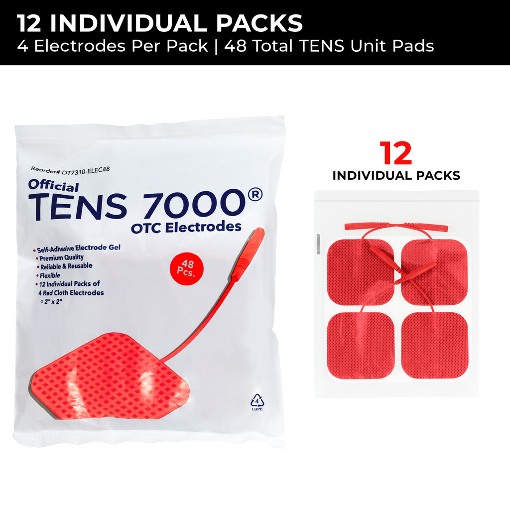 Packaging for 12 individual packs of TENS 7000® OTC electrodes, totaling 48 replacement TENS unit pads. Shows the resealable bag and individual packs for freshness and convenience.