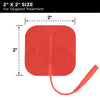 Close-up of a red TENS unit electrode pad with dimensions labeled '2" x 2" SIZE For Targeted Treatment', emphasizing the standard size of these replacement electrodes for effective pain relief.