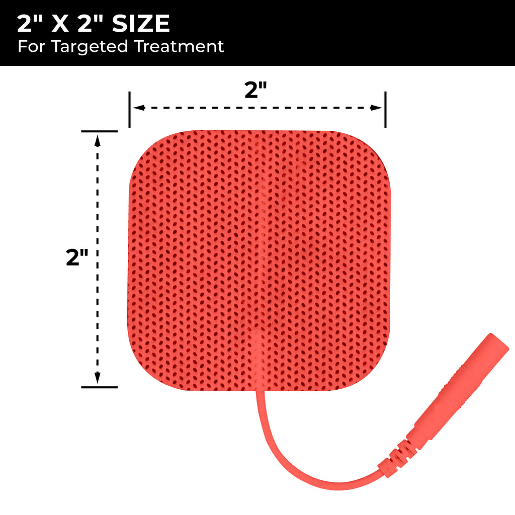 Close-up of a red TENS unit electrode pad with dimensions labeled '2" x 2" SIZE For Targeted Treatment', emphasizing the standard size of these replacement electrodes for effective pain relief.