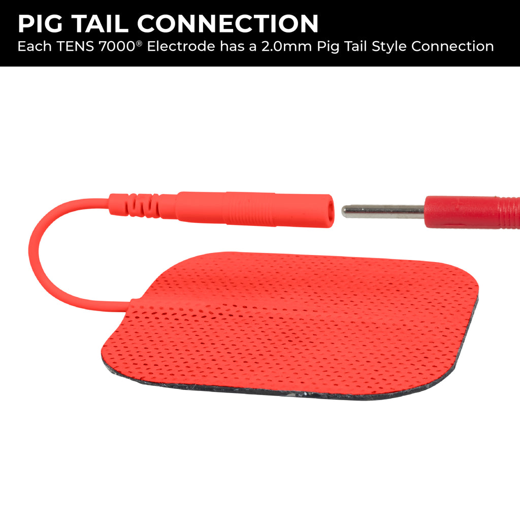 Image displaying various TENS 7000® devices and a TENS unit electrode pad with a pigtail connection, illustrating compatibility of replacement electrodes with TENS units that use pig tail style electrodes.