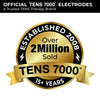 Gold seal indicating 'OFFICIAL TENS 7000® ELECTRODES - A Trusted TENS Therapy Brand'. Highlights 'Established 2008', 'Over 2 Million Sold', and '15+ Years', reinforcing the brand's credibility for TENS unit pads and replacement electrodes.