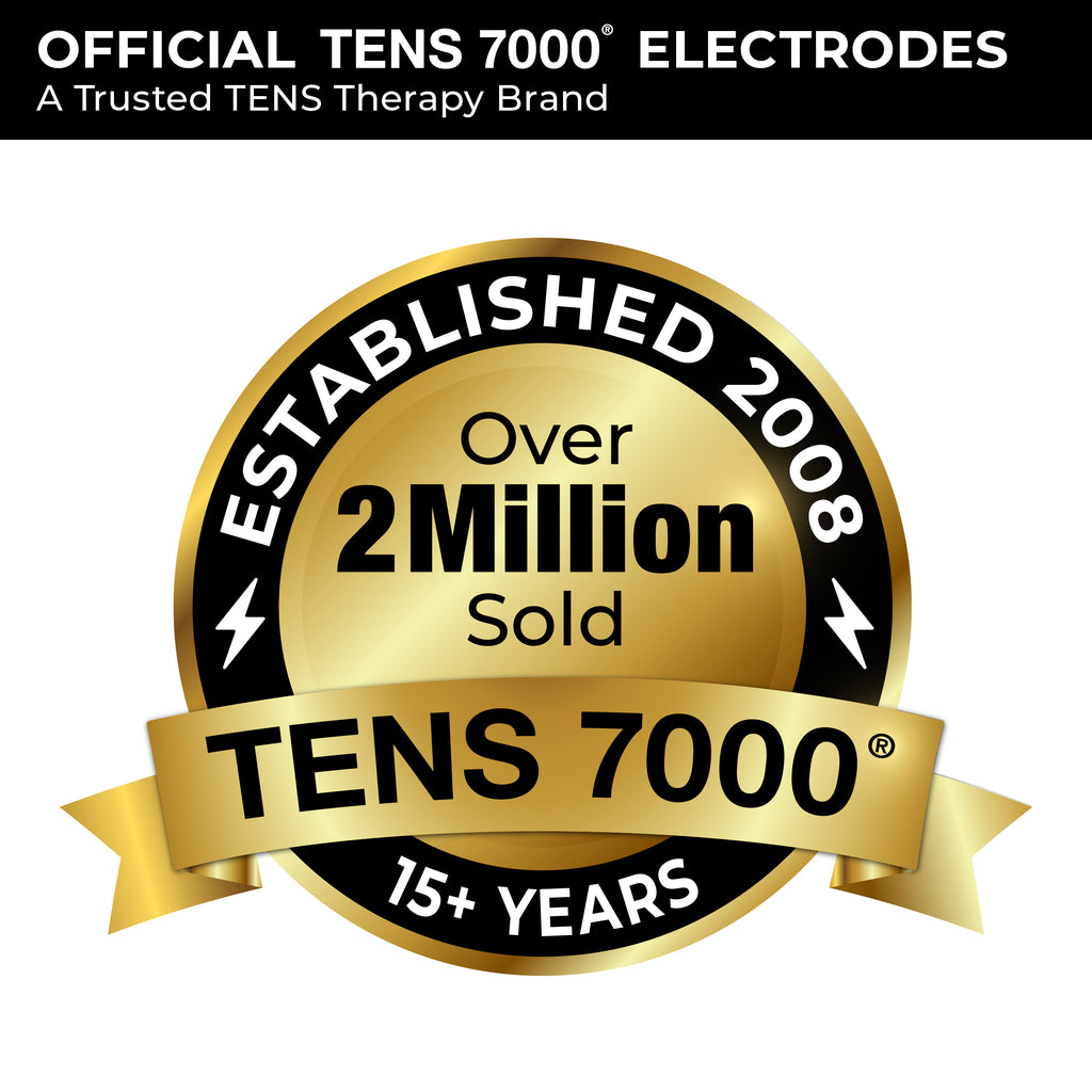 Gold seal indicating 'OFFICIAL TENS 7000® ELECTRODES - A Trusted TENS Therapy Brand'. Highlights 'Established 2008', 'Over 2 Million Sold', and '15+ Years', reinforcing the brand's credibility for TENS unit pads and replacement electrodes.