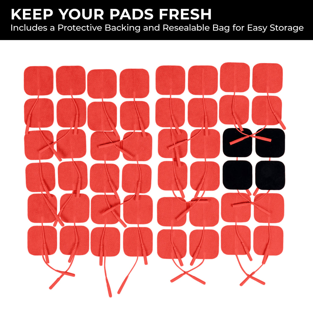 Overhead layout of 48 red TENS unit electrode pads, illustrating the total quantity in the pack. The title highlights how the protective backing and resealable bag Keep Your Pads Fresh.