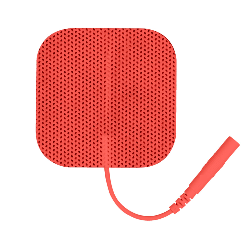 Close-up of a single red TENS unit electrode pad with a pigtail lead wire, highlighting the textured surface of the replacement electrode for TENS therapy.