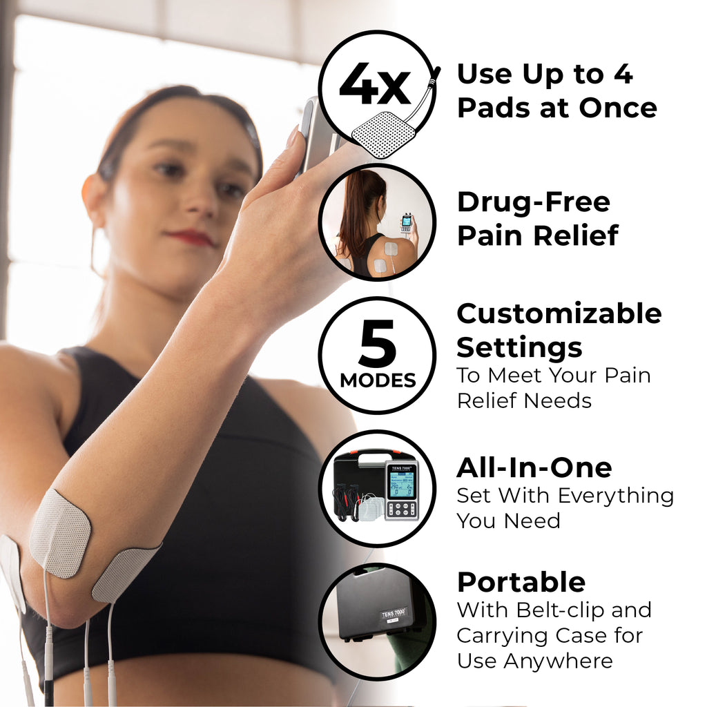 Woman using a pain relief device with product features highlighted on the right.