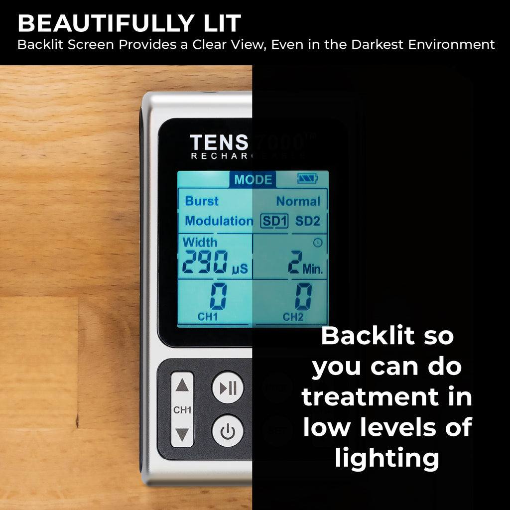 TENS unit with digital display on a wooden surface, highlighting its backlit screen feature.