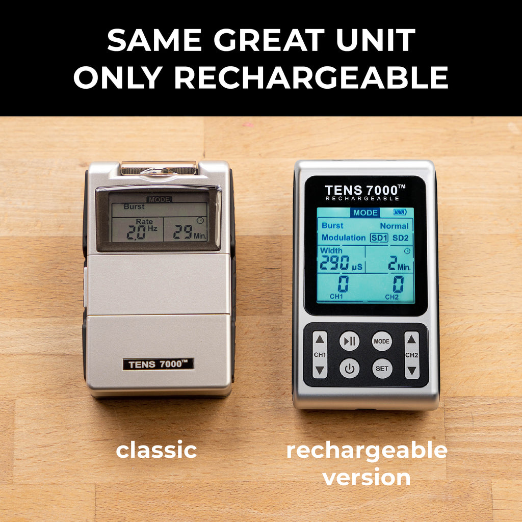 Two TENS units labeled 'classic' and 'rechargeable version' on a wooden surface.