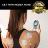 Woman using a TENS unit on her back with promotional text and graphics.