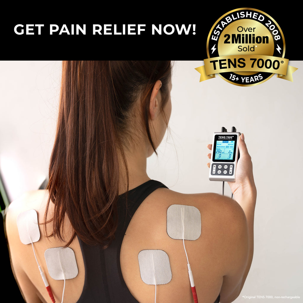 Woman using a TENS unit on her back with promotional text and graphics.
