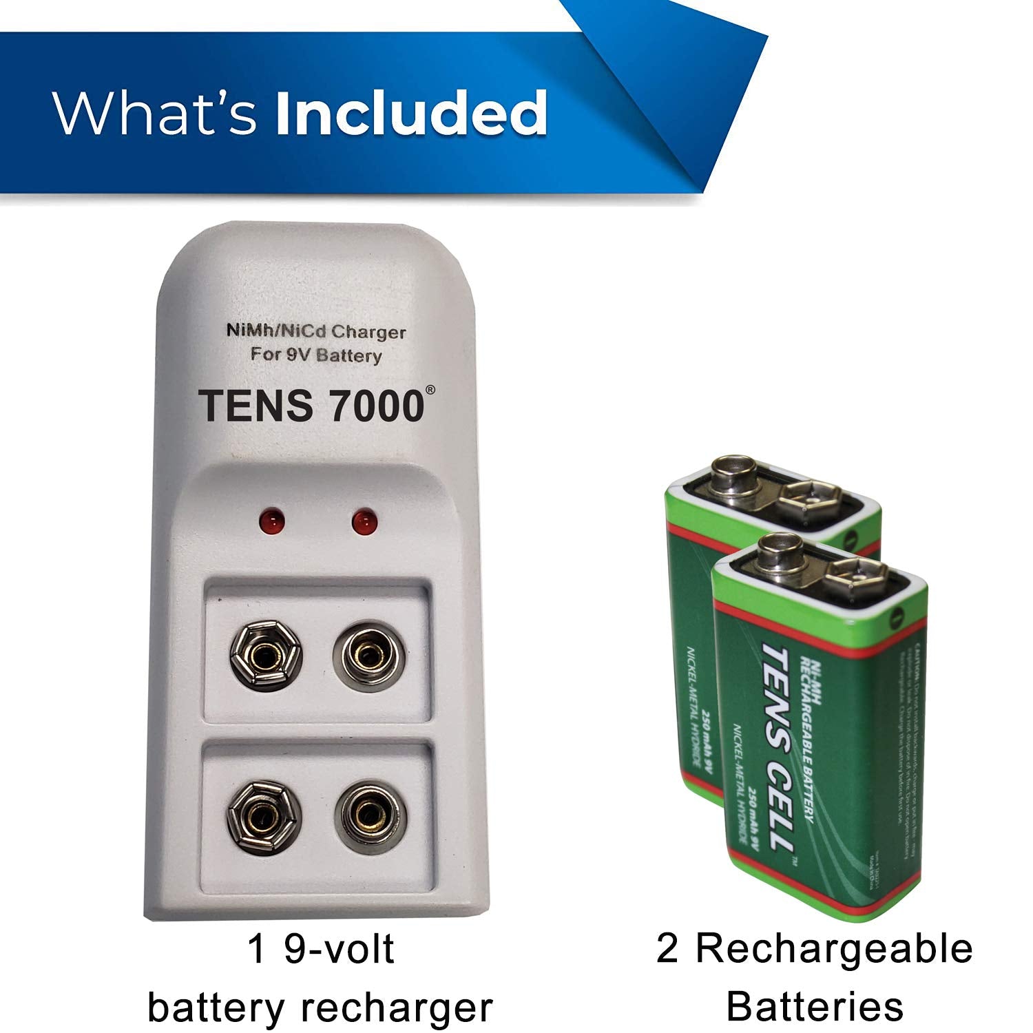 Tens 7000 Official Rechargeable 9V Batteries Kit - Includes NiMH/NiCd Charger and 2 Rechargable 9 Volt Batteries - Tens Unit Battery Pack